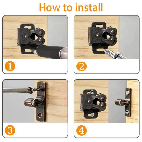 How to install Heavy Duty Bronze Double Roller Catch Cabinet Latches with screws for cabinets and doors in four steps.