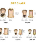Rivet Nuts Set For DIYers 150 Pcs Carbon Steel With Yellow Zinc Finish Flat Head UNC SAE Sizes Size Chart