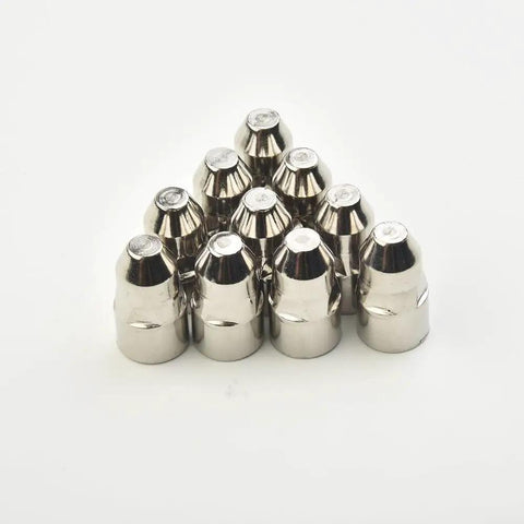Premium Plasma Cutter Consumables Kit For P80 With Hafnium Electrodes And Copper Nozzles displayed, 10 shiny copper nozzles arranged in a group.