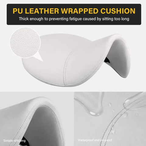 Close-up of PU leather seat cushion for Heavy Duty Saddle Rolling Stool With Wheels Hydraulic Swivel Ergonomic Leather Seat Adjustable Height 400 Lb Capacity For Kitchen Office Salon Massage Chair.