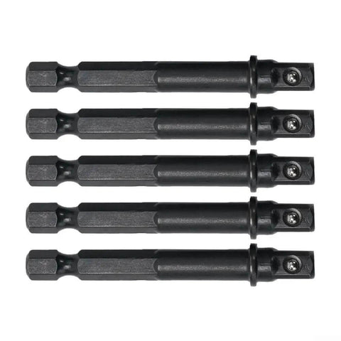 Heavy Duty Hex To Square Socket Adapter Kit Five Piece Set For Electric Drill Screwdriver Tools Quick Conversion Sleeve Install, 1/4 inch hex, black steel