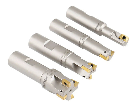 4 Piece 90 Degree Indexable End Mill Set With APKT11T3 Inserts For Steel Stainless Cast Iron And Aluminum Milling, Cutter Diameters One Half Inch, Five Eighths Inch, Three Quarters Inch And One Inch, Features Square Shoulder Face And Side Milling