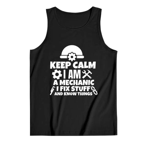 Men's Mechanics Tank Top Straight Up Comfy 100 Percent Cotton Sleeveless Shirt Featuring Keep Calm Graphic in black.