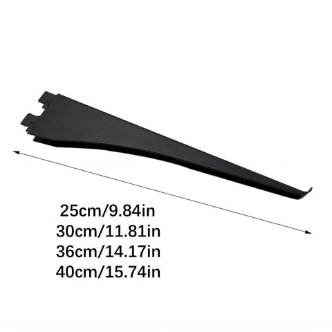Sturdy Carbon Steel Shelf Brackets For Slotted Shelves Beefy Heavy Duty Wall Mount Hardware, lengths shown, black color