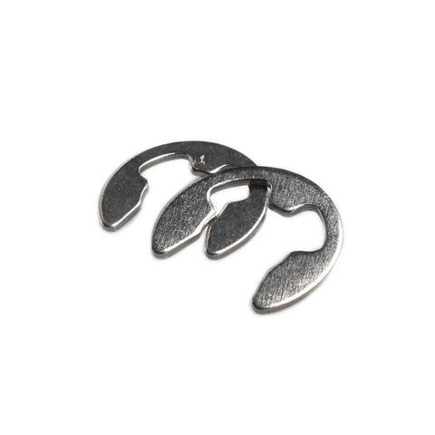 Close-up of Heavy Duty E Clips Retaining Circlip Kit in stainless steel, showcasing sizes 1.5mm through 10mm for securing machinery parts.