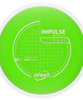 Impulse Disc Golf Distance Driver In Neutron Plastic, Understable To Neutral Flight For Long, Straight To Turnover Throws, Great For Elevating Power Or Beginners, 160-165g, Colors May Vary. Green MVP disc top view