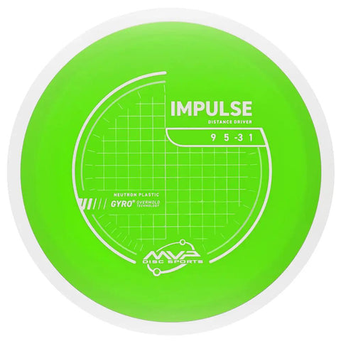 Impulse Disc Golf Distance Driver In Neutron Plastic, Understable To Neutral Flight For Long, Straight To Turnover Throws, Great For Elevating Power Or Beginners, 160-165g, Colors May Vary. Green MVP disc top view