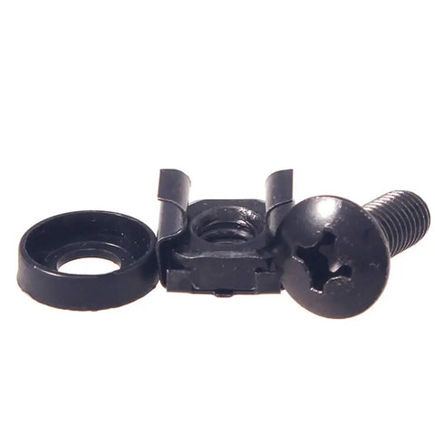 Precision Heavy Duty M6 Cage Nut Kit With Screws And Protective Washers For Server Rack Mounting showing black screw, cage nut, and washer.
