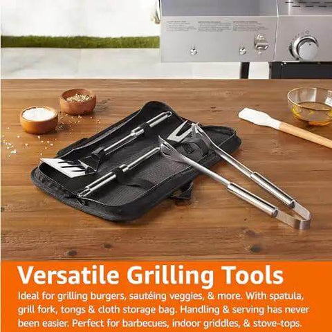 4 Piece Stainless Steel BBQ Grilling Tool Set With Carry Bag Rust-Resistant And Dishwasher Safe Includes Spatula Grill Fork Tongs