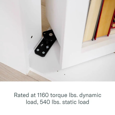 Solid As A Rock Hidden Hinge Hardware Bundle With Slick Flush Mount Setup And No Hassle Bookcase Latch For DIY Secret Doors That Takes Three Hundred Pounds Like A Champ, showing matte black concealed hinge rated at 1160 torque lbs.