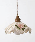Fabric Pendant Light Flower Pattern Shade Wooden Hanging Lamp Vintage Ceiling Fixture Retro Decorative Lighting for Bedroom Dining Room Kitchen Island with floral design and pearl trim.