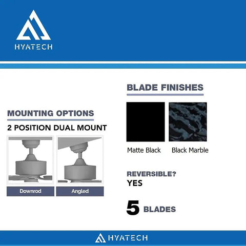52 Inch Dope Modern Indoor Ceiling Fan mounting options and blade finishes in Matte Black or Black Marble with reversible 5 blades.