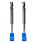 Two DLC-coated solid carbide square end mills with rainbow-colored flutes and blue caps.