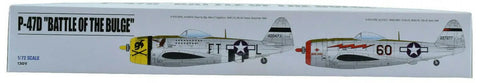 Box artwork showing side views of P47D Battle Of The Bulge 1 To 72 Scale Plastic Model Airplane Kit With Roughly 6 Inch Wingspan.