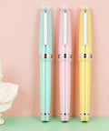 Three pastel-colored acrylic fountain pens with 0.5mm nib for school and office use, smooth writing and comfortable grip, unisex design.