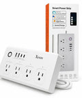 Top Shelf ZigBee Smart Power Strip Packing Four Independently Switched Outlets Plus Two Rapid Fire USB Ports, white body with user features.