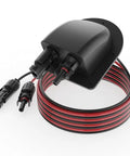 Waterproof Solar Cable Gland Entry Housing And Junction Box For Roof Panels On RVs Boats Campers Vans Buildings Garages And Shacks With 10 Ft 10AWG Solar Extension Cable Connector No-Fuss Install, showing coiled cables and connectors.
