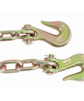 Close-up of Heavy Duty Grade 70 Chain with Grab Hooks for Flatbed Truck Trailer Tie Down Gear