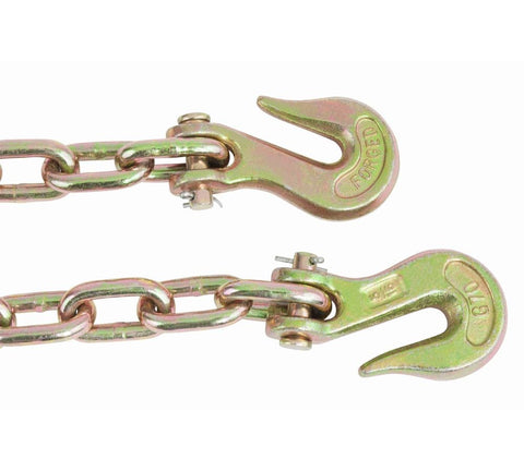 Close-up of Heavy Duty Grade 70 Chain with Grab Hooks for Flatbed Truck Trailer Tie Down Gear