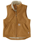 Men's Top Shelf Flame Resistant Duck Vest Straight Up Arc Protection With Heavy Insulated Sherpa Lining And Pro Level Vislon Front Zipper In Dark Brown X Large Tall with Sherpa lining.