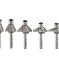 Pro Grade Badass Chamfer Router Bit Five Piece Set With One Quarter Inch Shank and Three Flute Twin Pilot Bearing Carbide Tips