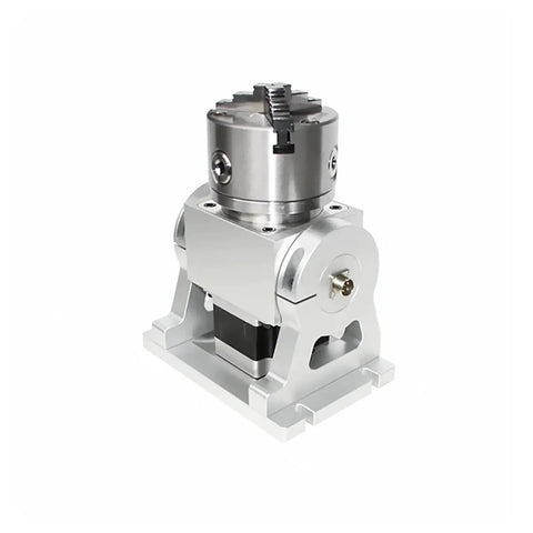 100 Millimeter Three Jaw Chuck Rotary Axis Adapter Runs Slick With Reliable Grip Precision Mount Kit For Fiber Laser Engraver CO2 Wood Carving Router And Welding Positioner Killer Quality Build, silver metal construction, detailed view.