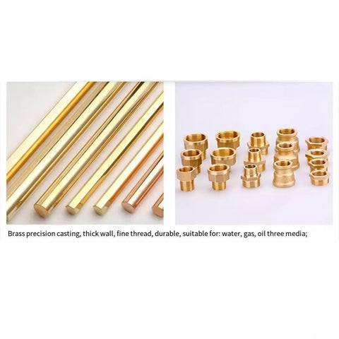 Brass Bushing Adapter Kit 5-Piece Set for Hooking Up 1 NPT Male to 1/2 NPT Female Threads, showing brass rods and fittings.