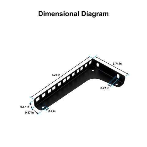 Dimensional diagram of Built Tough 4U Vertical Wall Mount Rack Rails with measurements and black metal finish.