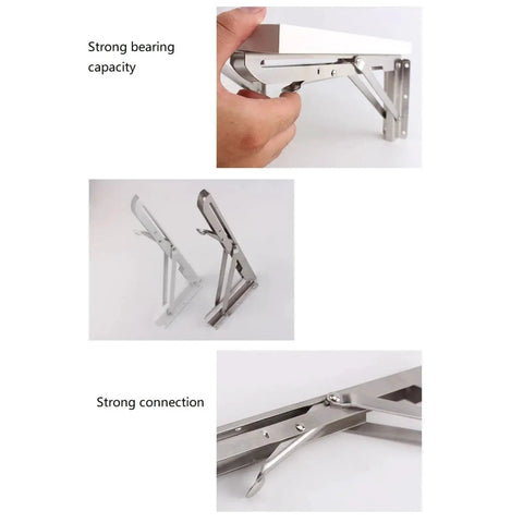 2 Pack Adjustable Triangle Folding Shelf Brackets Wall Mounted For DIY Home Bookshelf Table Bench Tools Tough Built To Last Black 8 Inch Space Saving Solution shown in use and folded position.