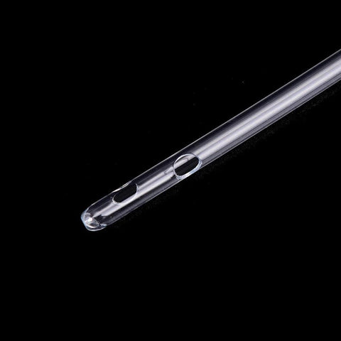 Clear plastic syringe tubing with two side holes, 13-inch length.