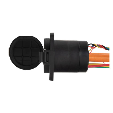 Built Different Ev Charging Adapter For Electric Cars Featuring Gbt Inlet Socket close-up view of the black connector and wires.