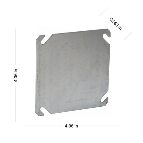 4 Inch Square Electrical Box Cover Blank Flat 50 Pack Durable Galvanized Steel With Angled Mounting Slots and Measurements