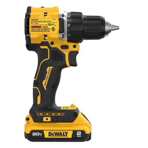 No Fuss Hella Slick 20V Max Brushless Cordless Drill Driver Kit With Compact Atomic Frame And One Half Inch Chuck Including 2Ah Lithium Ion Battery, side view showing battery and chuck.