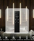 Recessed LED Light Bar Kit With CCT 2700K To 6500K remote control displayed over lit wood slat wall panels