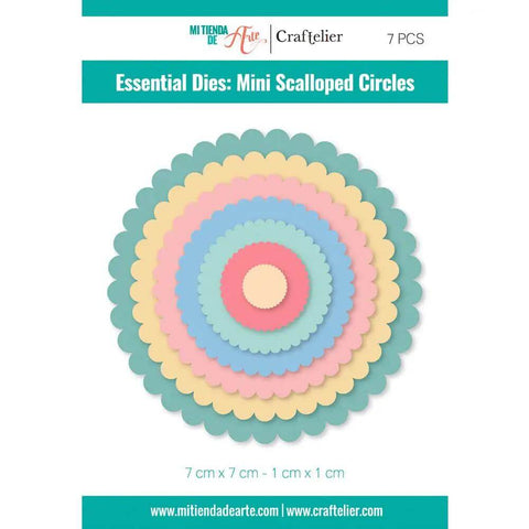 Mini Die Set For Scrapbooking And Card Making - 7 Scalloped Circle Dies, displayed in layered pastel colors, sizes 1 to 7 cm