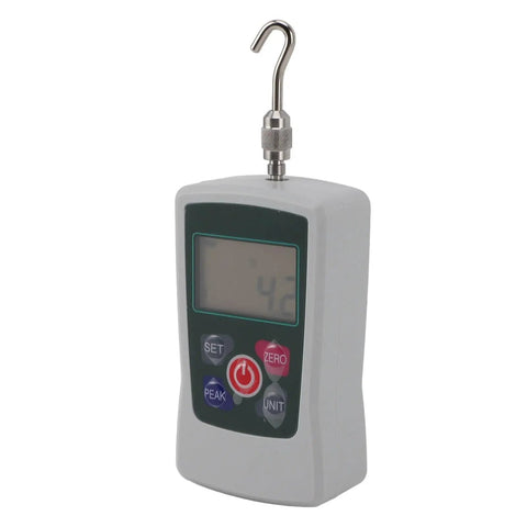 Mini Digital Force Tester 100N Push Pull Gauge With Built In Sensor, Handy Compact Meter For Quick Material Testing And Product Development, Complete Accessories Included, Great For Lab And On The Go Use. handheld digital force tester with hook, front view