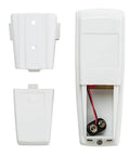 Back view of universal ceiling fan remote control kit with open battery compartment and mount pieces