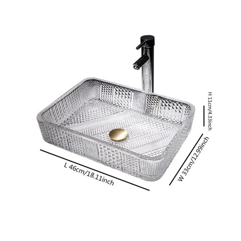 Square Clear Glass Vessel Sink Slick Finish Zero Hassle Cleanup Bathroom Vanity Basin Top Tier Modern Hotel Washbasin measuring 460x330mm.