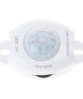 Front view of Low Voltage Motion Sensor Light Switch with five to twenty four volt range for cabinet LED strips, white housing.