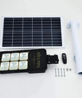Rock Solid Solar Flood Lights With Motion Sensor And Pocket Remote Waterproof Outdoor Yard And Driveway Bulbs Quick Adjust Bracket Mount components and accessories layout.