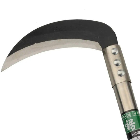 Grass Sickle For Weeding And Clearing with manganese steel blade and stainless steel handle, close-up view of blade and grip