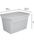 Six Pack Heavy Duty 30 Gallon Plastic Storage Containers With Secure Lids Hella Roomy Gray Bins side view with dimensions