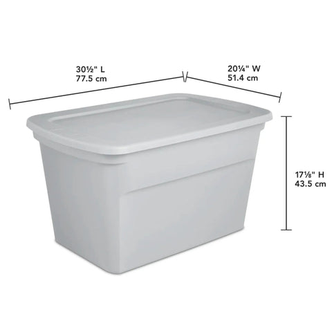 Six Pack Heavy Duty 30 Gallon Plastic Storage Containers With Secure Lids Hella Roomy Gray Bins side view with dimensions