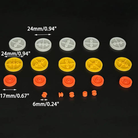 50Pcs Plastic Belt Pulleys Set For RC Cars, Trucks, Boats, Drones And Robots, 2mm Bore, Variable Diameters 5mm to 48mm, assorted sizes displayed