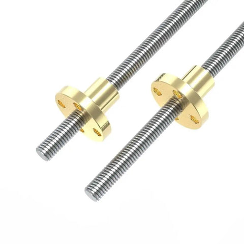 T6 Lead Screw With 6mm Trapezoidal Thread And Premium Brass Nut for Mini CNC and 3D Printer, showing two brass nuts and threaded rods.