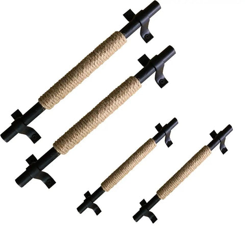 Wrought Iron Sliding Barn Door Handle Kit With Hemp Rope Accents For Cabinets And Doors, Old School European Antique Style Black Door Levers And Knobs