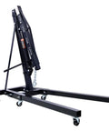 Heavy Duty 2 Ton Folding Engine Hoist Adjustable Shop Crane Cherry Picker Lift with black finish and caster wheels.