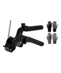 Heavy Duty Stainless Steel Cable Tie Gun Kit With 300 Pcs Black Metal Zip Ties For Auto Bundling Fastening And Wiring Projects Automatic Tension And Flush Cut Functionality For Secure Installation with gloves.