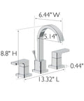 Karsen II Widespread Bathroom Faucet in Polished Chrome with 8.8 inch spread, showcasing dimensions and dual-handle design.