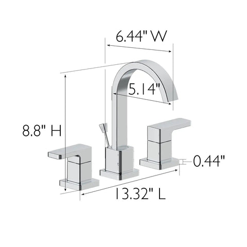 Karsen II Widespread Bathroom Faucet in Polished Chrome with 8.8 inch spread, showcasing dimensions and dual-handle design.